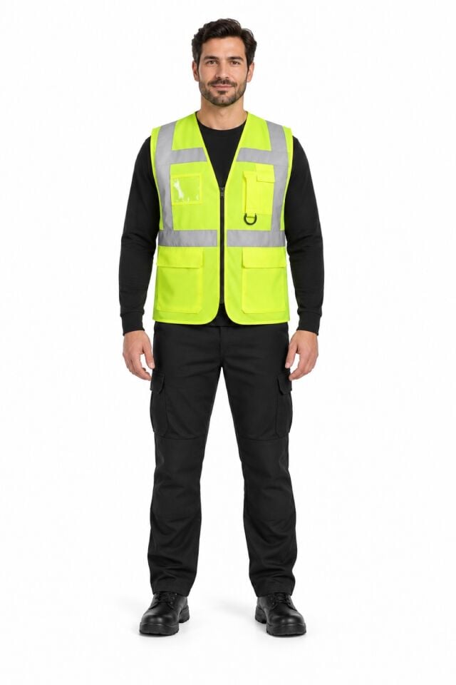 Coverpro Sarı Reflektörlü Çok Cepli Mühendis İkaz Yeleği Standart Beden